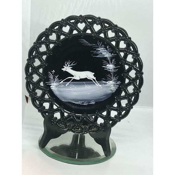 Westmoreland Black Glass Mary Gregory Winter Scene Deer Hand Painted Plate 8 1/2 - Picture 1 of 10